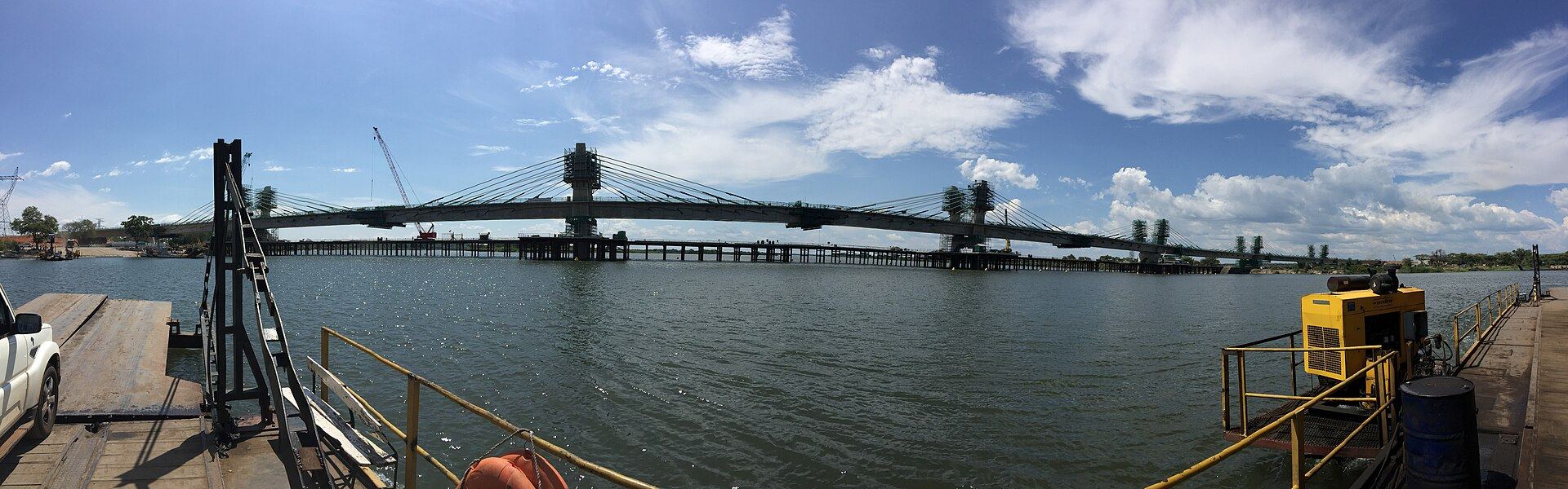 The road and rail bridge at Kazungula seen from the riverbank