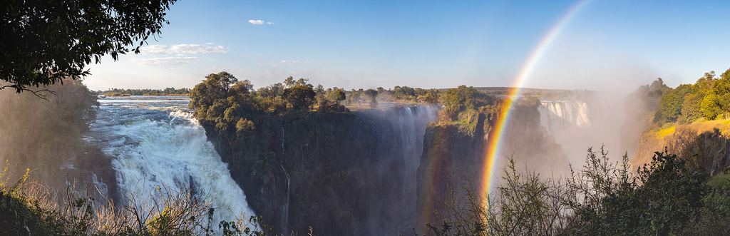 Wide view of the Victoria Falls gorge system showing the scale of the surrounding landscape