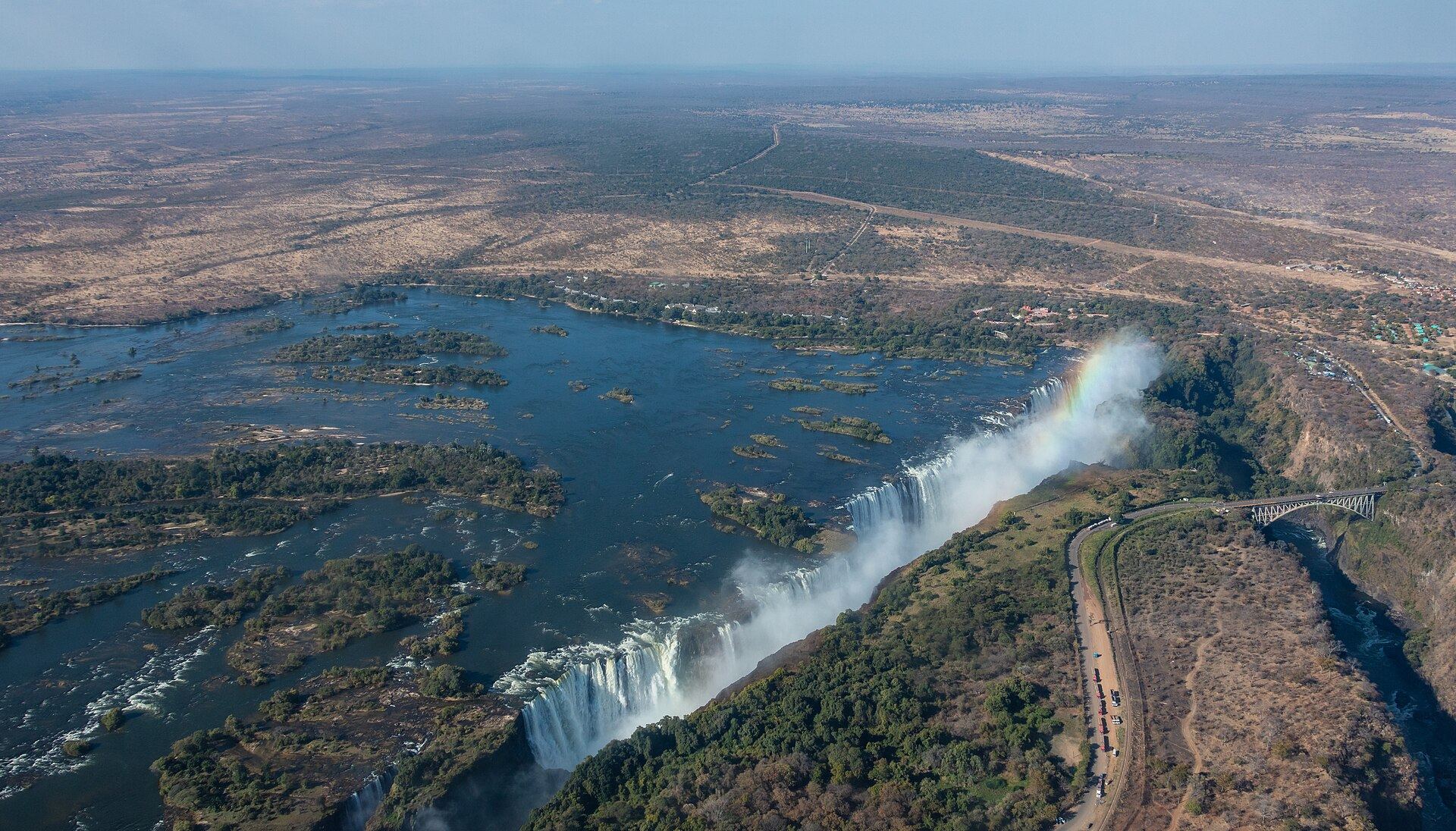Mist rising from Victoria Falls as the Zambezi River drops into the gorge